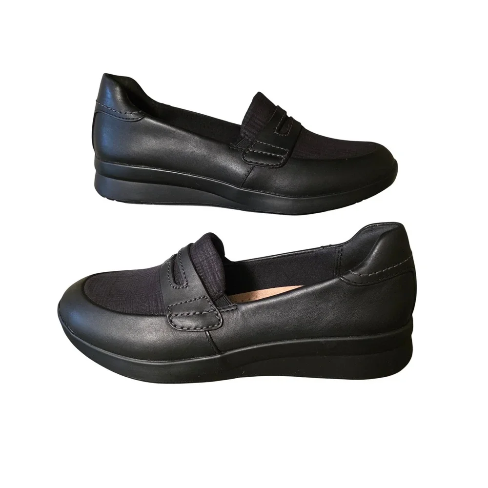 Clarks Ellowyn Penny Black Leather Plaid Wedge Loafers Womens 8 M 26180090